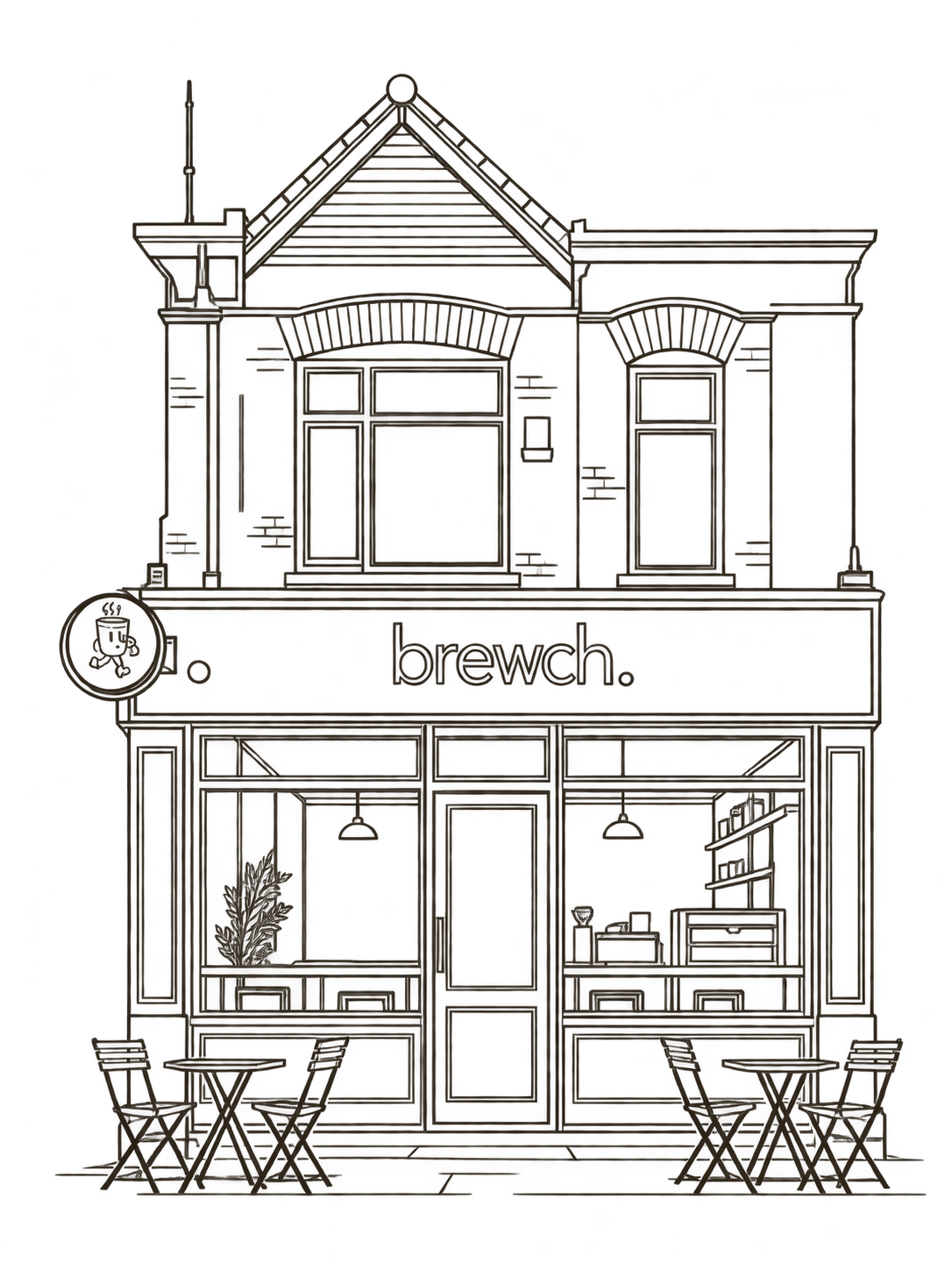 Hand-drawn Brewch Chorlton frontage, with its brick gable, broad shop windows and central door.