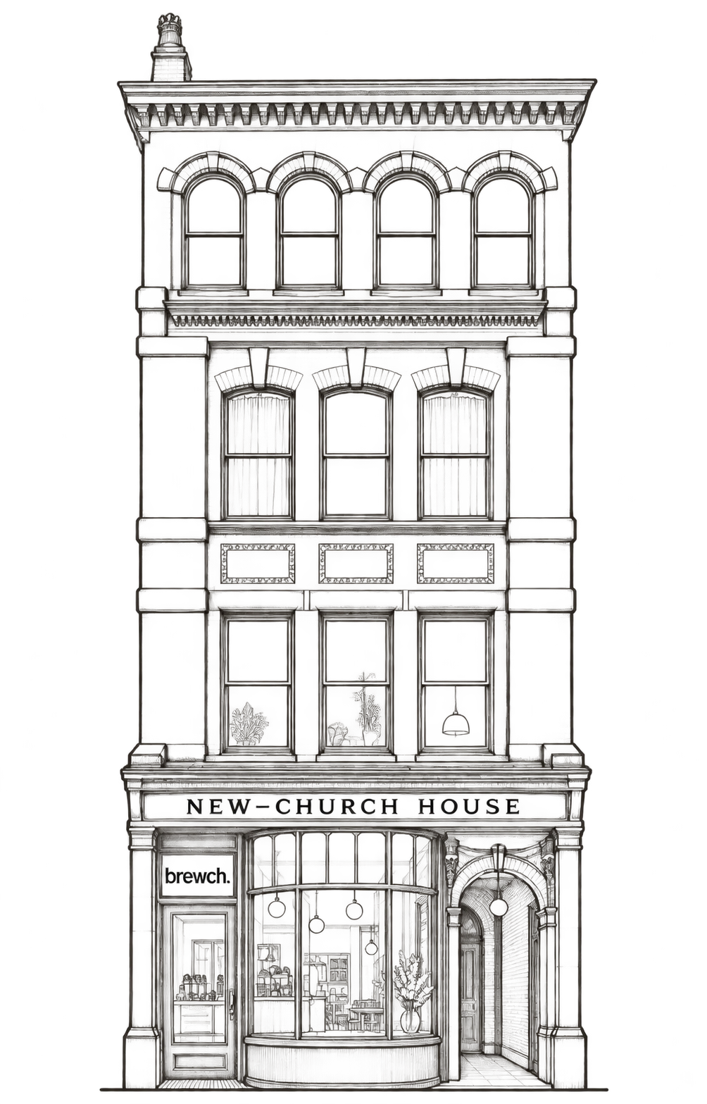 Hand-drawn outline of Brewch at New Church House, with its arched upper windows and curved ground-floor shopfront.