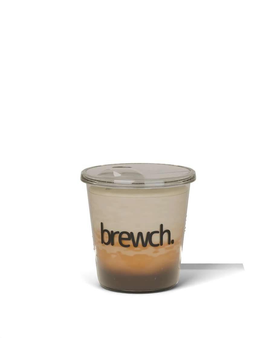 Double Velvet in a clear Brewch cup with a rounded heel and ridged sipping lid.