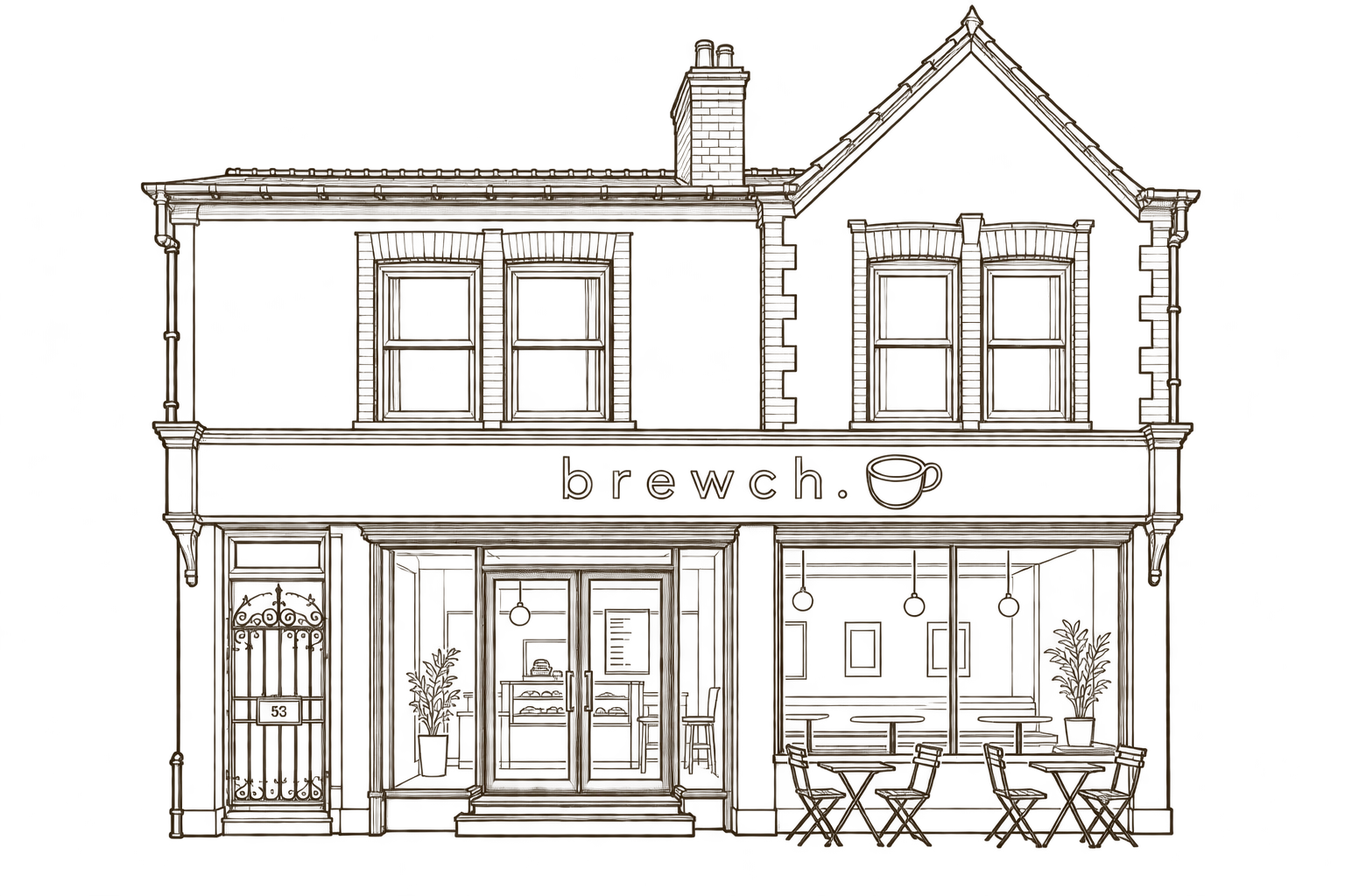 Hand-drawn Brewch Gatley double frontage, with four upstairs windows, a pointed gable and recessed entrance.