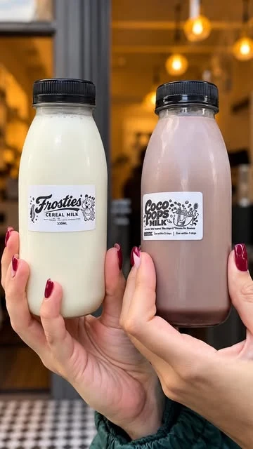 Frosties cereal milk and Coco Pops milk outside Brewch.